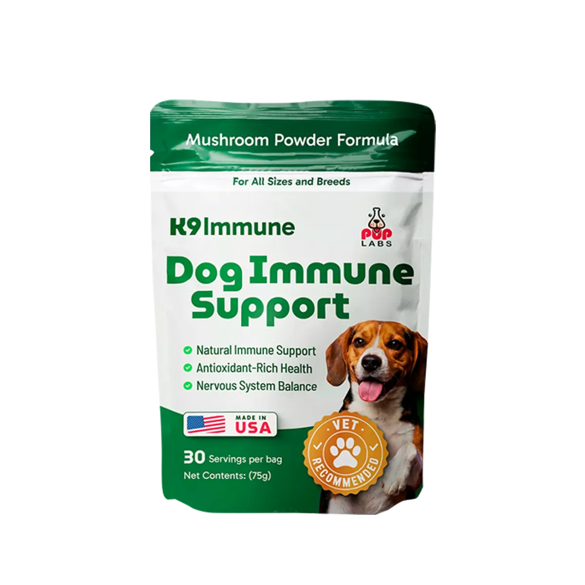 Dog weight management supplement pouch with a dog's image and benefits listed.