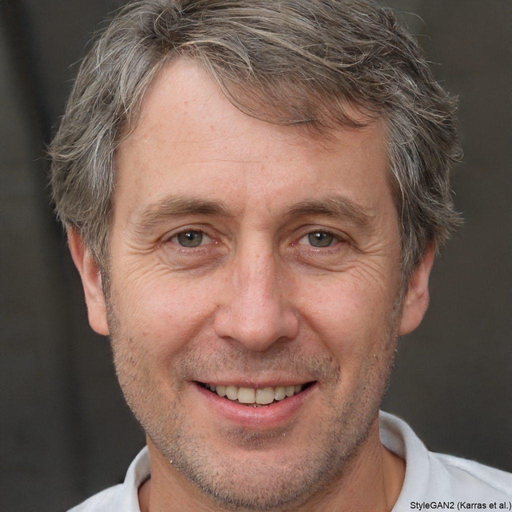 A close-up portrait of a smiling, middle-aged man with graying hair and light-colored eyes.