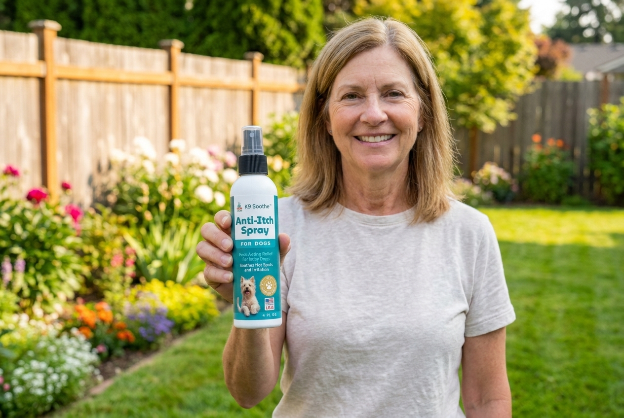 A smiling woman in a backyard holds up a bottle of K9 Soothe Anti-Itch Spray for Dogs.