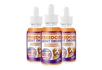 Three bottles of Freedom Joint Drops for dogs with droppers.