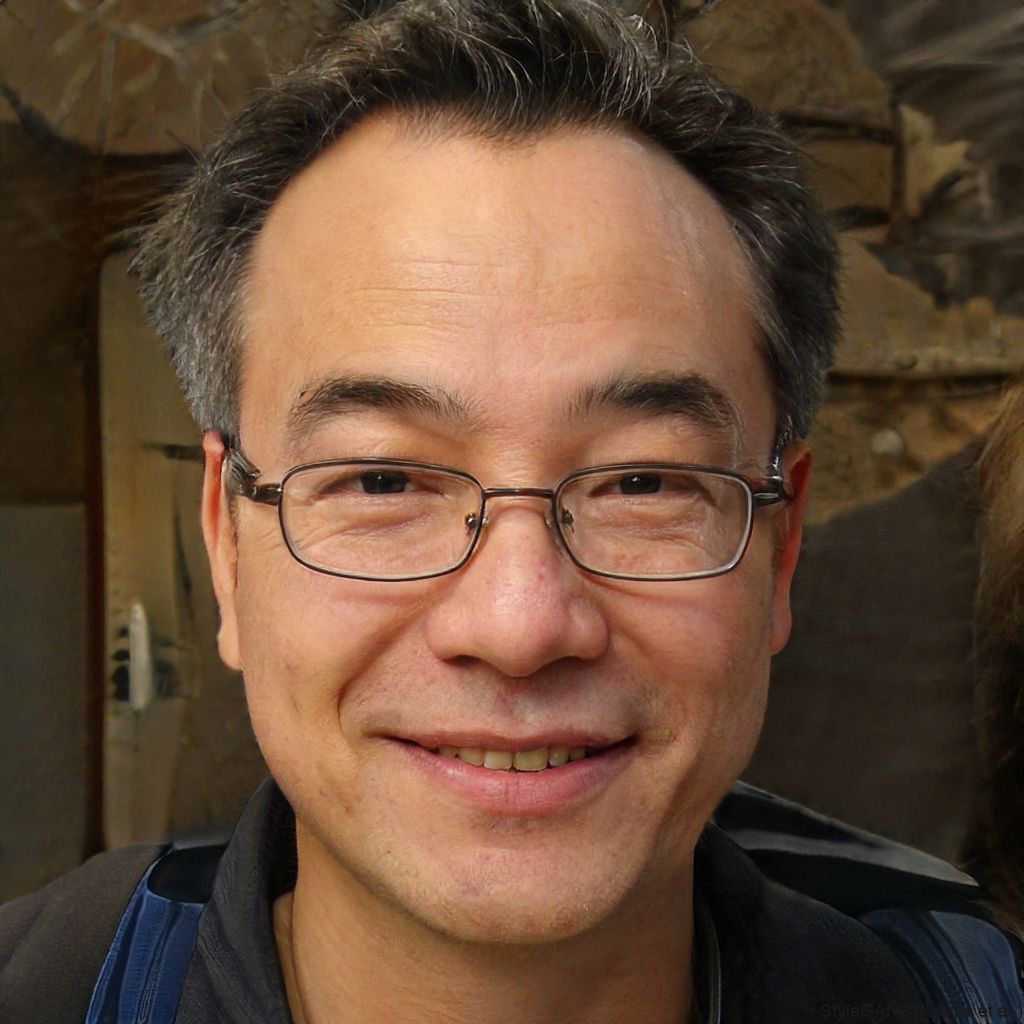 A close-up portrait of a smiling, middle-aged East Asian man wearing glasses.