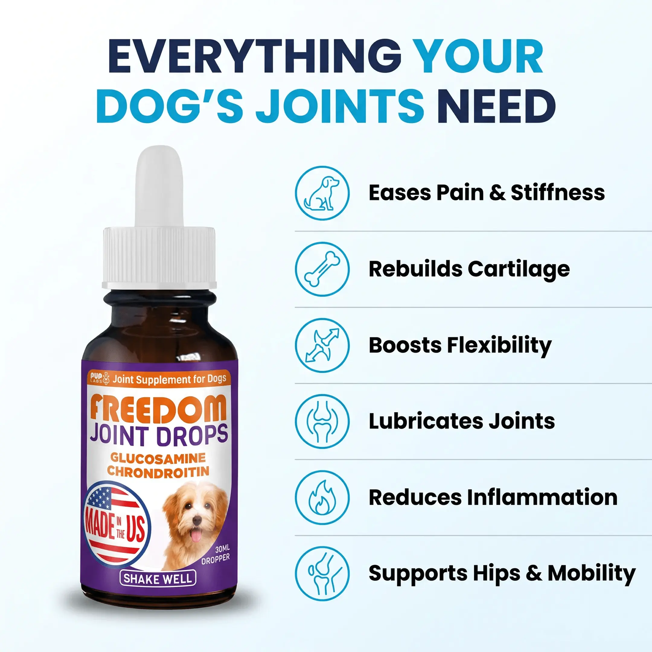 An advertisement for Freedom Joint Drops for dogs, showing the bottle and a list of its joint health benefits.