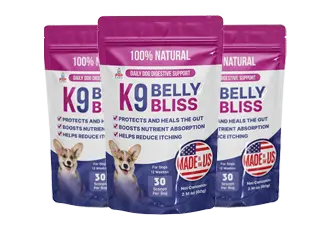Three bags of K9 Belly Bliss dog supplement.
