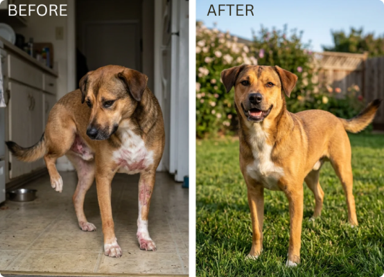 A before and after comparison showing a dog's recovery from a skin condition to a healthy, happy state.