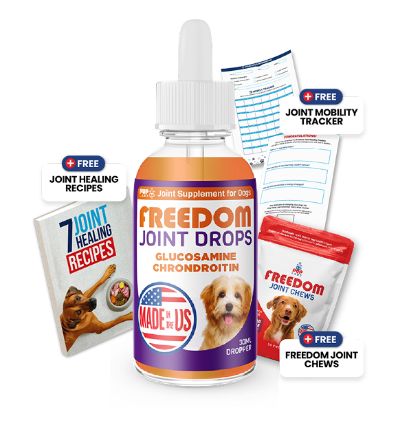 Dog joint supplement products with glucosamine, recipes, tracker, and chews.