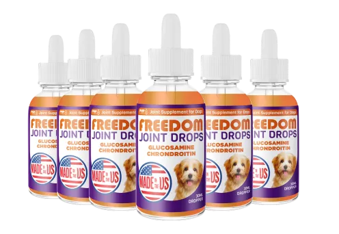 Six bottles of Freedom Joint Drops for dogs with droppers.