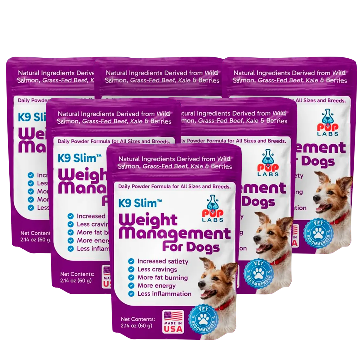 Five packs of K9 Slim Weight Management for Dogs with a dog illustration.