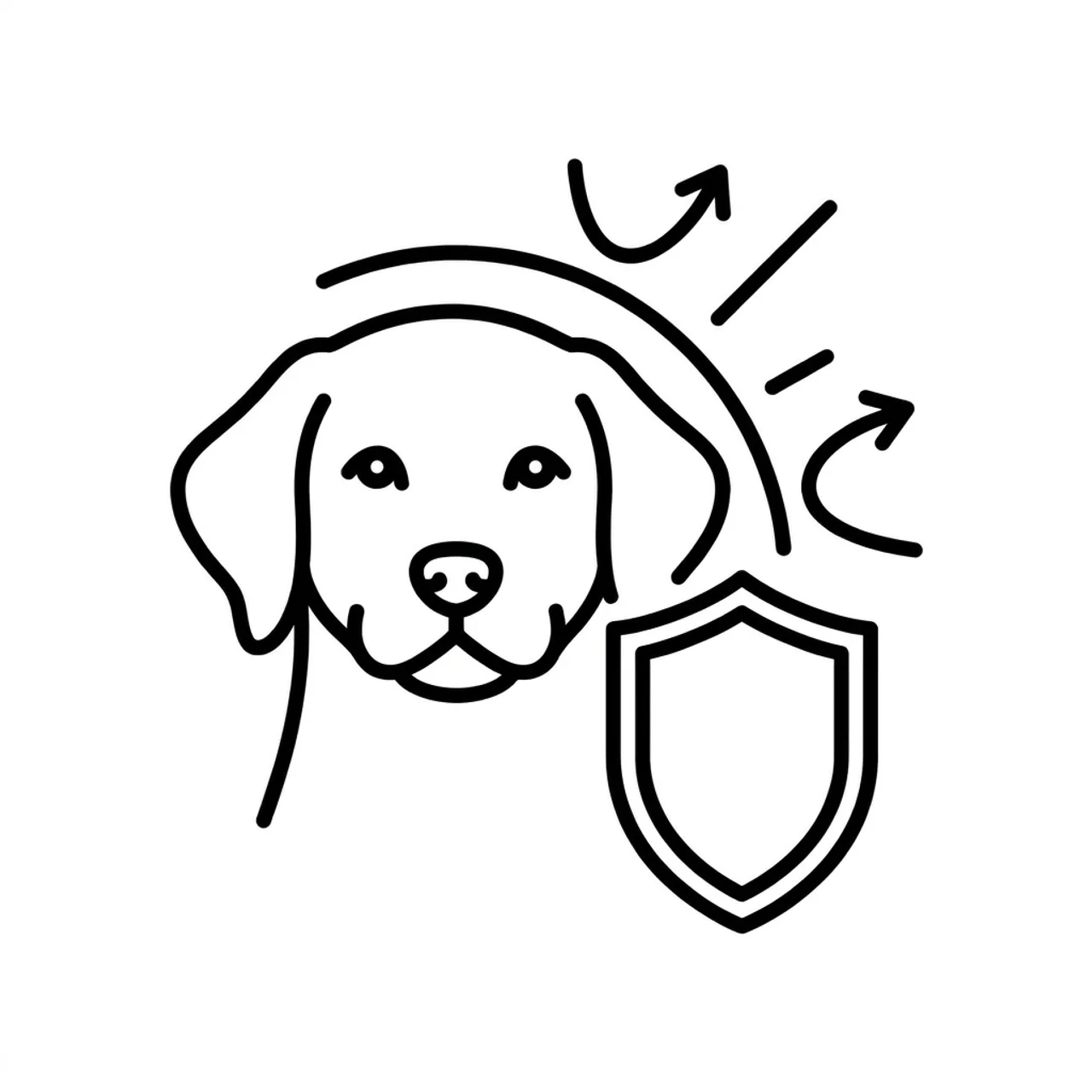 A line drawing of a dog's head next to a shield, with arrows indicating a protective barrier.