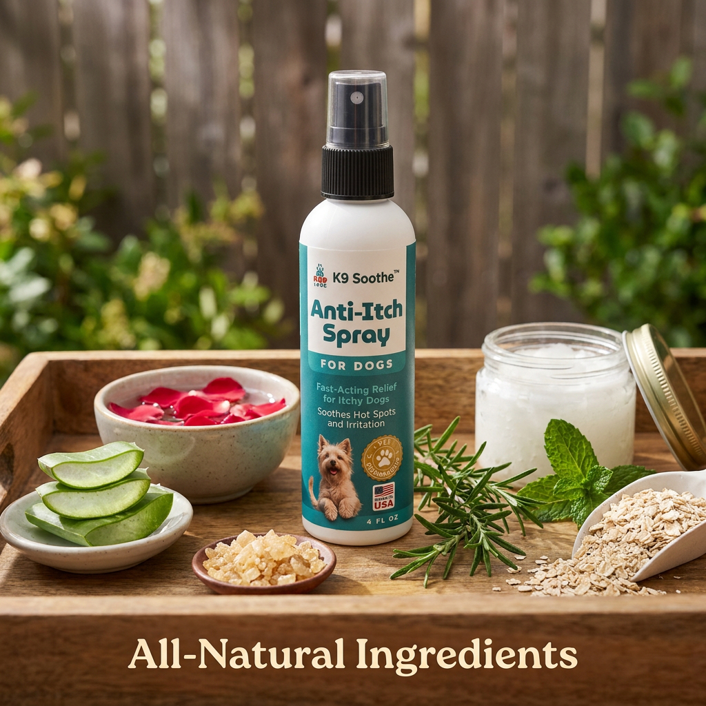 A bottle of K9 Soothe Anti-Itch Spray for dogs surrounded by its natural ingredients on a wooden tray.