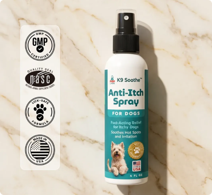 A bottle of K9 Soothe Anti-Itch Spray for dogs shown next to certification seals on a marble surface.