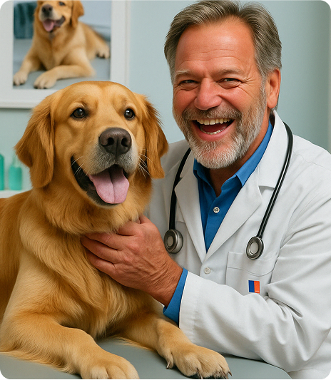 Golden retriever on examination table with a veterinarian.