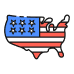 Map of the USA with stars and stripes design.