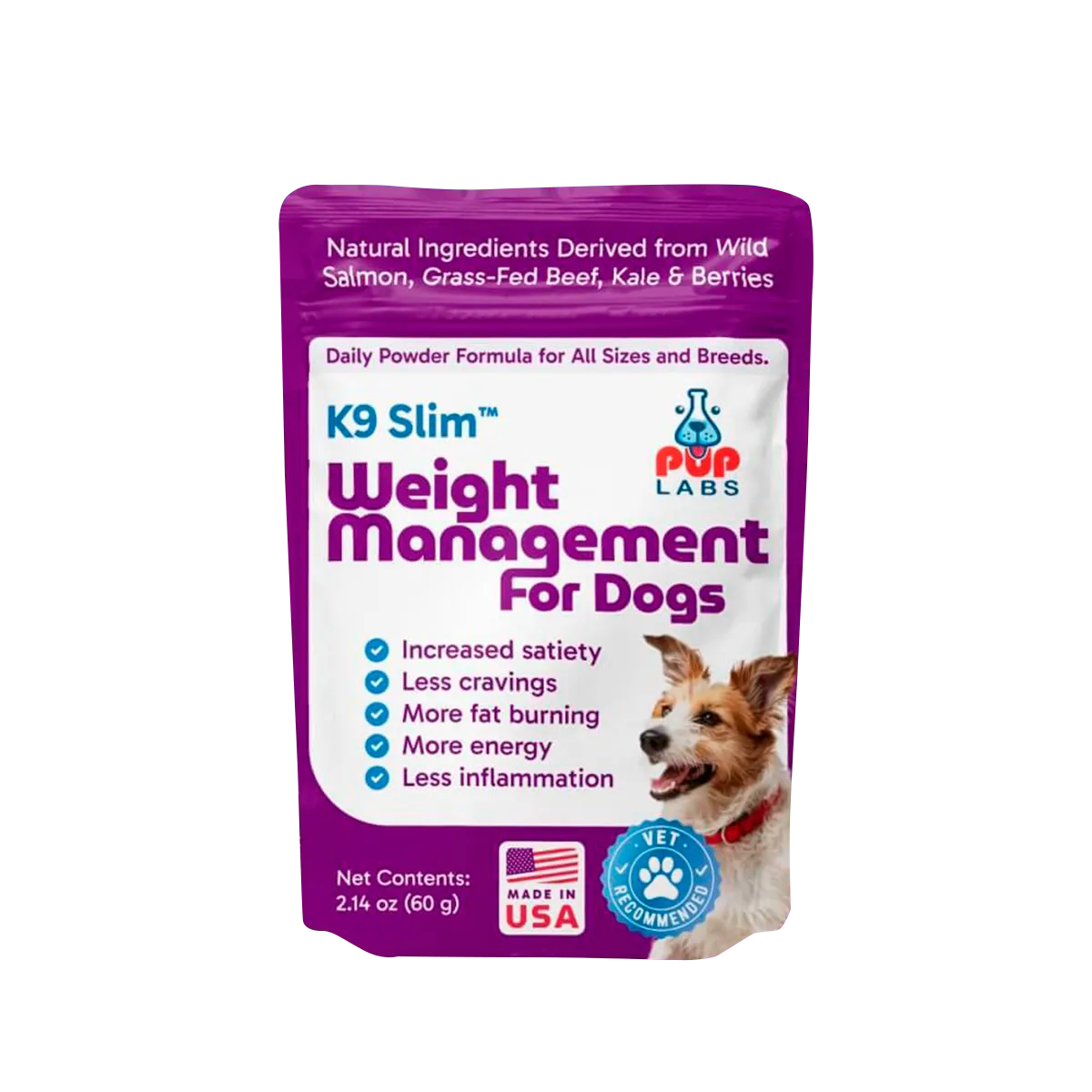 Dog weight management supplement pouch with a dog's image and benefits listed.