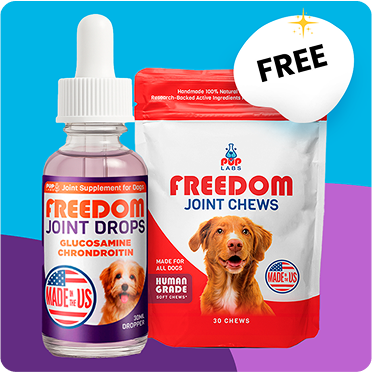 Dog joint supplements and recipe book with a 'FREE' label.