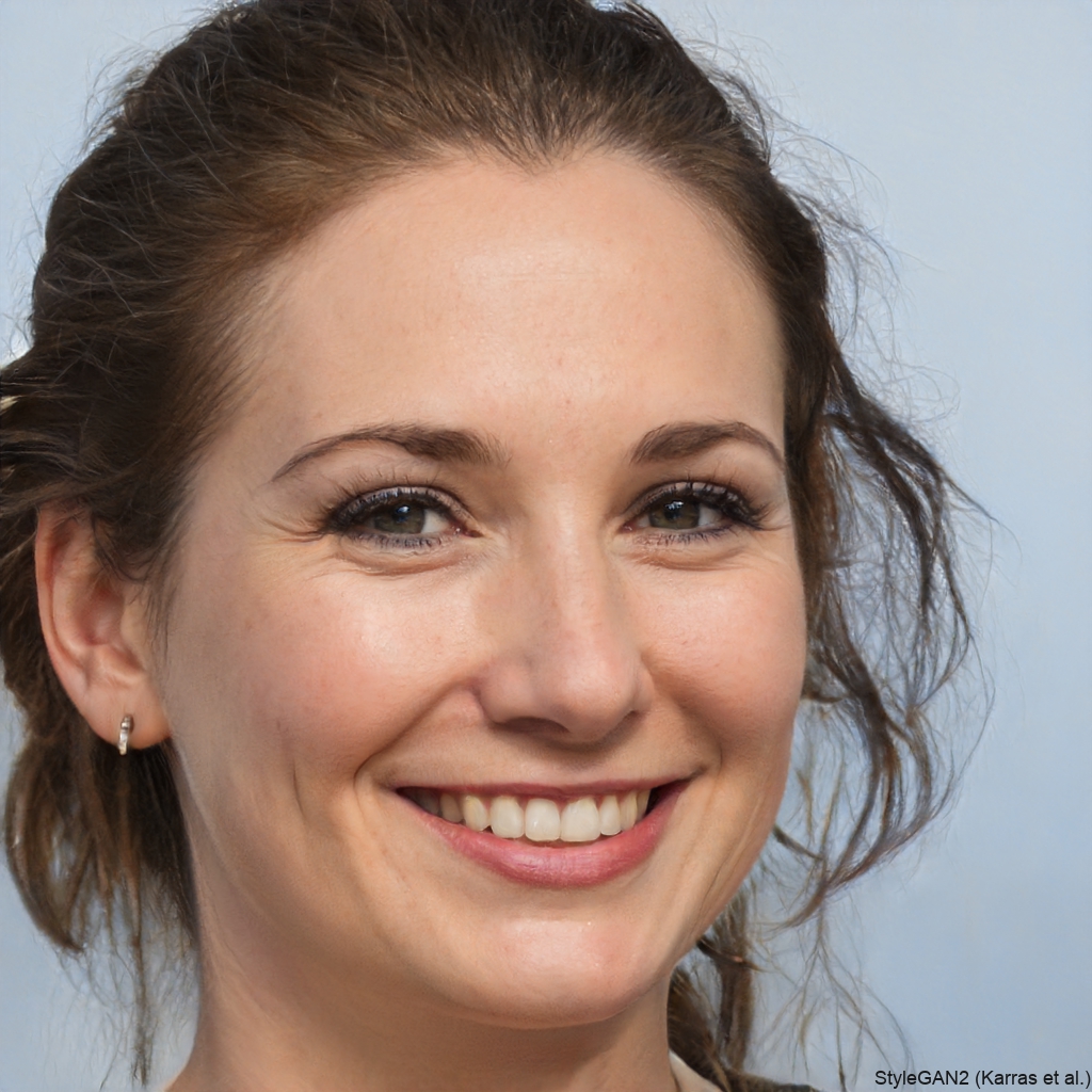 A close-up headshot of a smiling woman with brown hair pulled back.