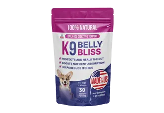 Package of K9 Belly Bliss dog digestive supplement with a dog's face and USA flag symbol.