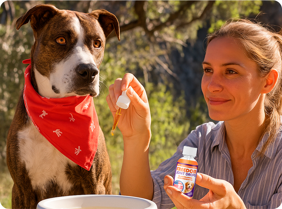 Woman holding pet joint drops next to a dog wearing a red bandana.