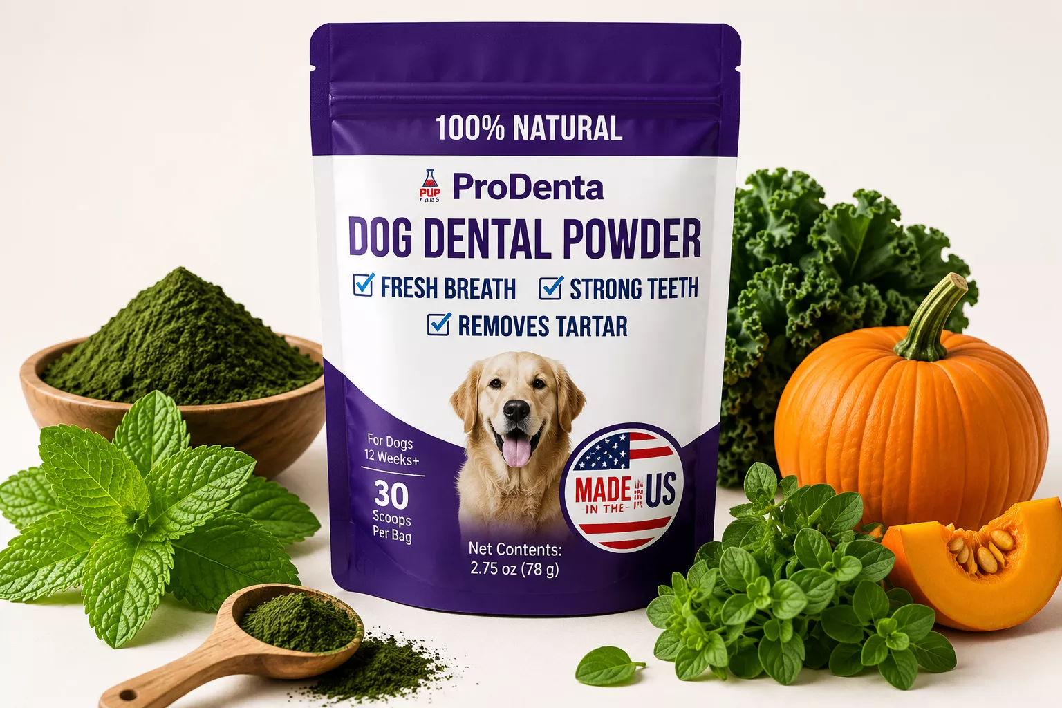 A bag of ProDenta Dog Dental Powder surrounded by fresh ingredients like pumpkin, kale, and mint.