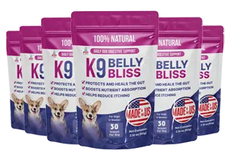 Six K9 Belly Bliss dog supplement bags with a purple top and dog image.