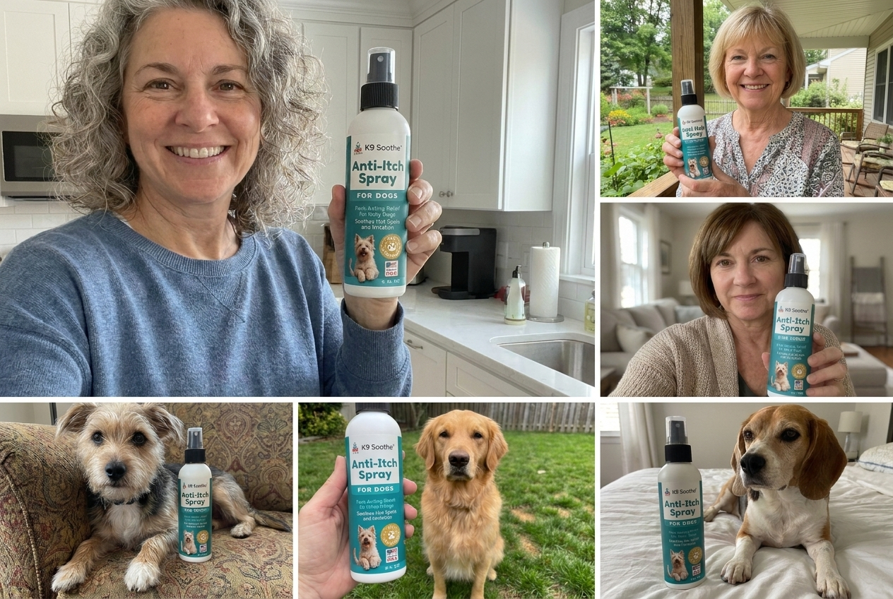A collage of photos showing different people and dogs with a bottle of K9 Soothe Anti-Itch Spray.