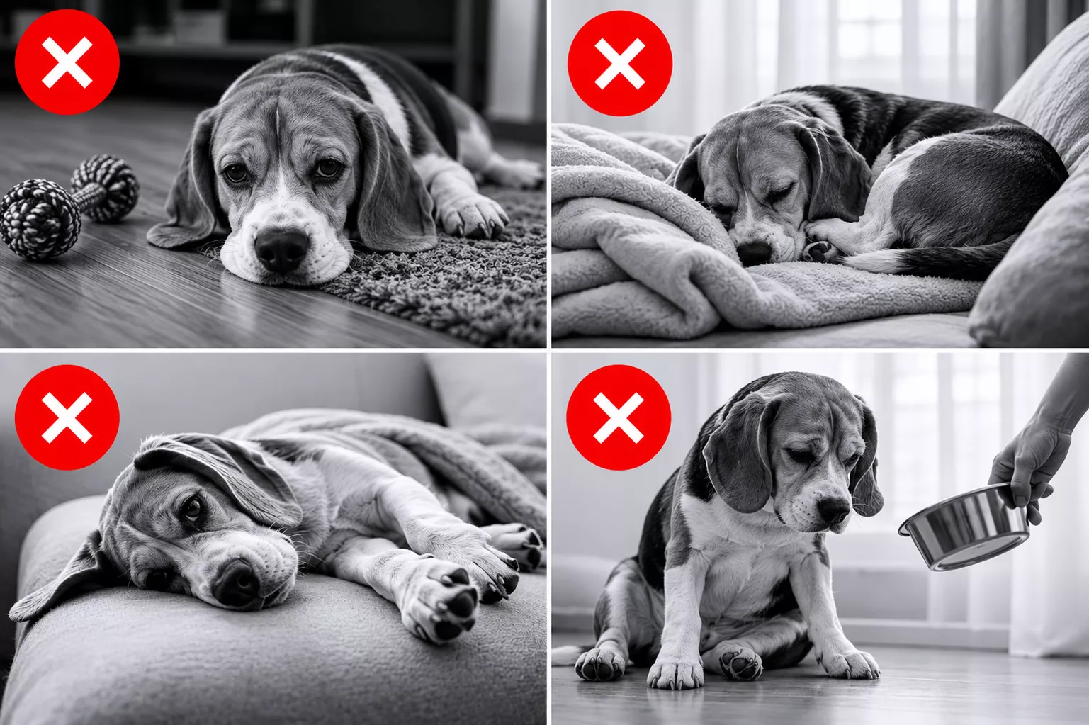 A collage of four black and white photos of a sad-looking beagle, each with a red X mark.