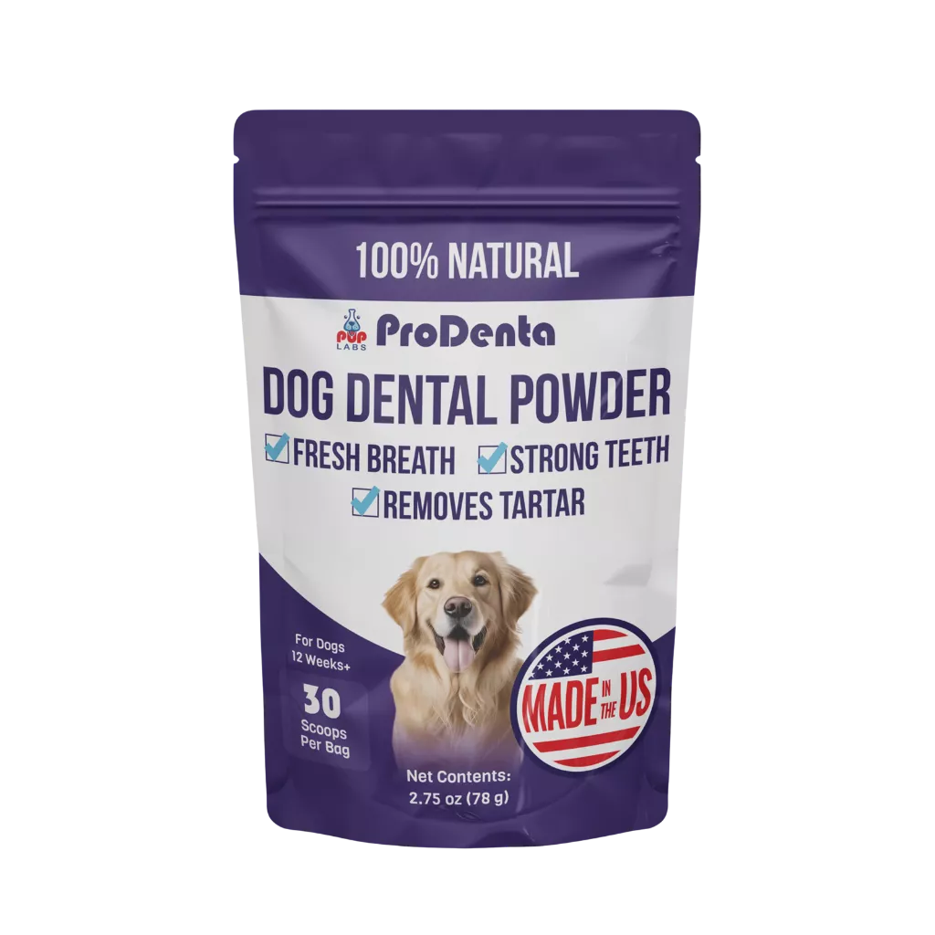 ProDenta dog dental powder packaging with dog image and USA flag emblem.