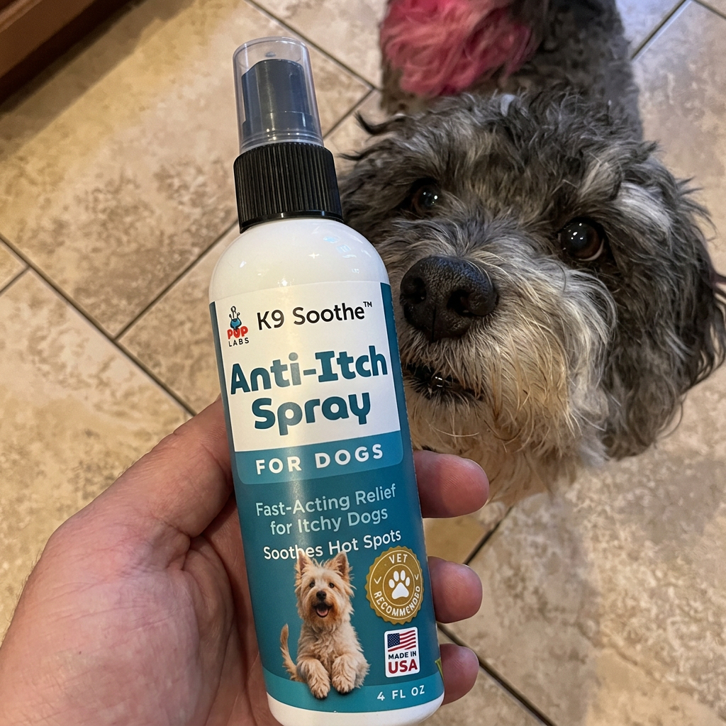 A hand holds a bottle of K9 Soothe Anti-Itch Spray next to a grey dog looking on.