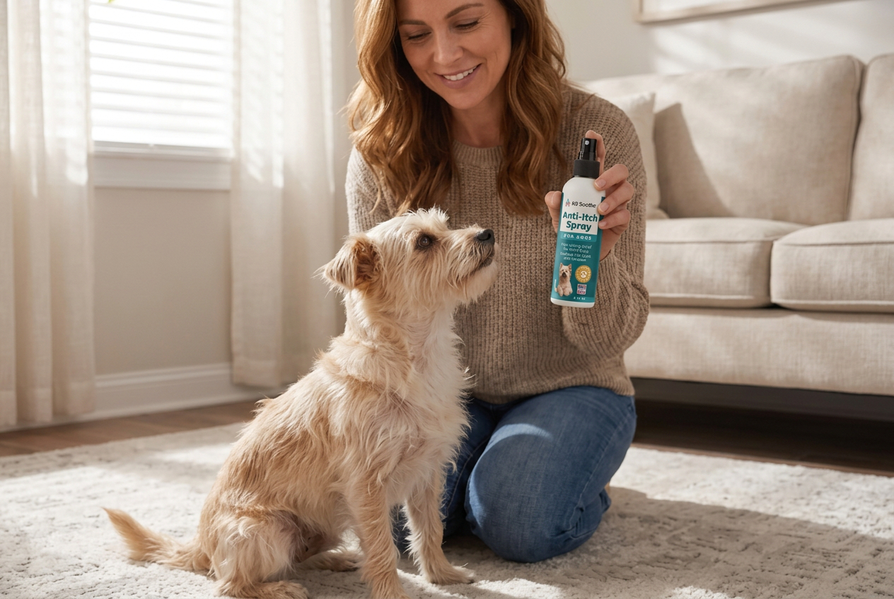 A woman kneels on a rug, holding a bottle of anti-itch spray for a small, scruffy dog.