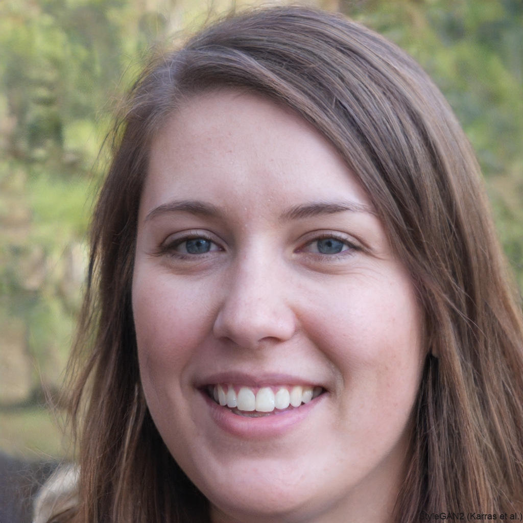 A close-up portrait of a smiling young woman with light brown hair and blue eyes.