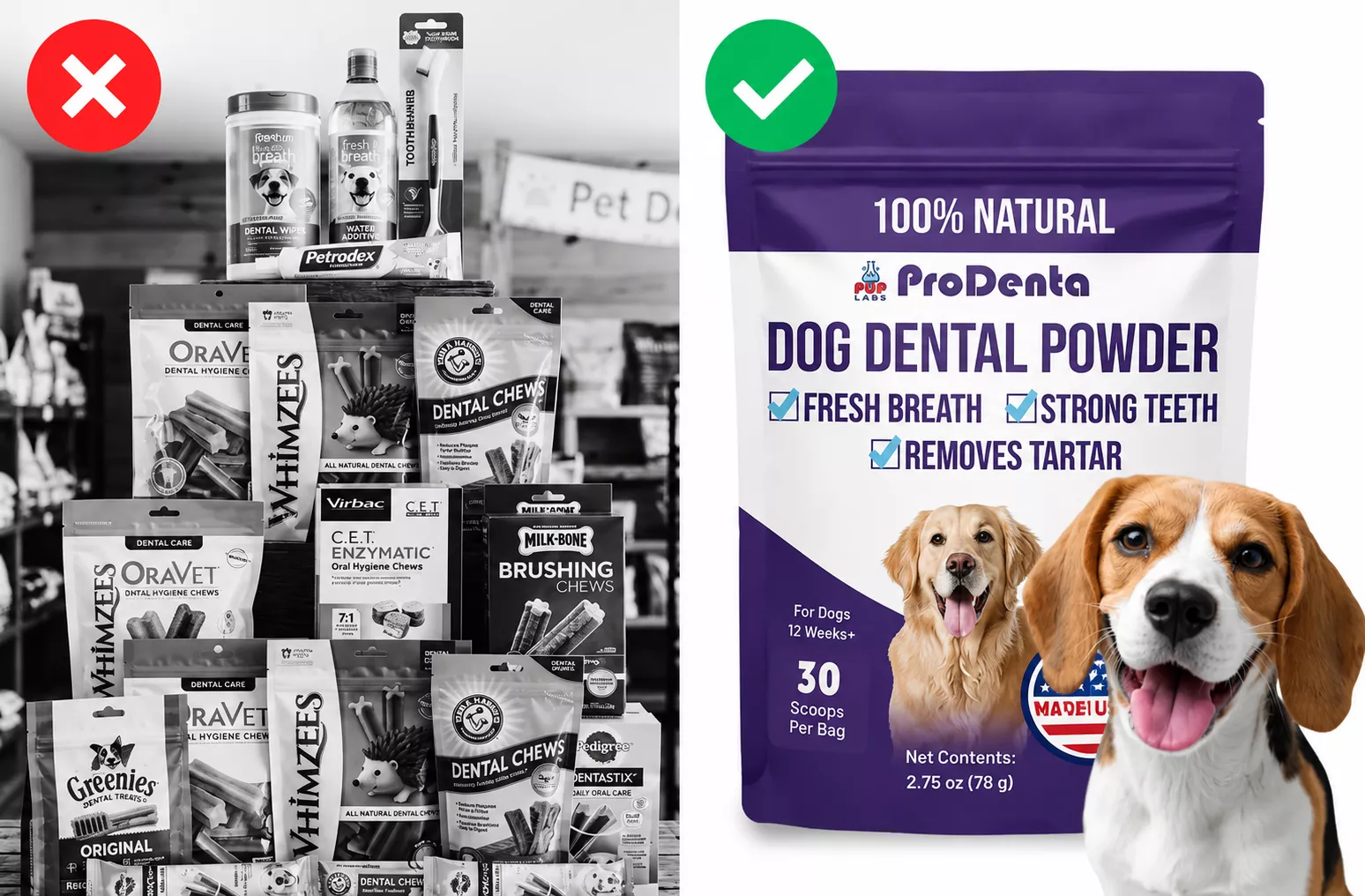 A comparison image showing multiple dog dental care products versus a single bag of dog dental powder.