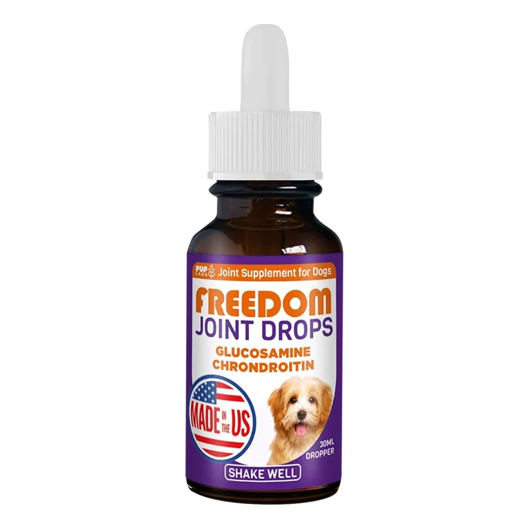 Bottle labeled 'Freedom Joint Drops' with dog image and 'Made in the US' badge.