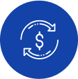 White dollar sign with circular arrows on blue background.