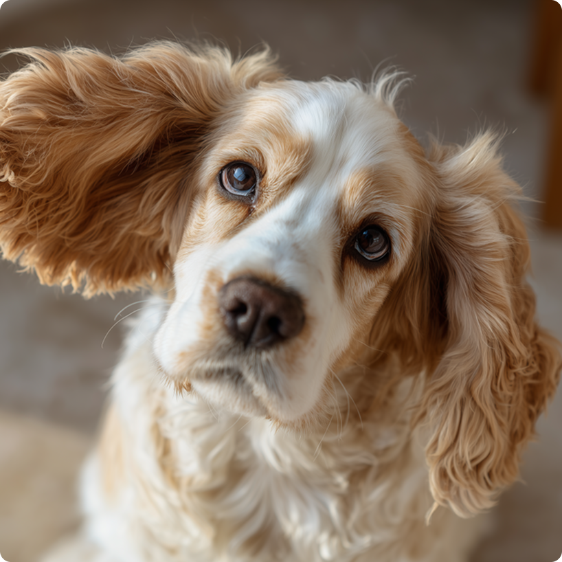 An older, black dog with a grey muzzle stands in a cushioned dog bed in a sunlit room.