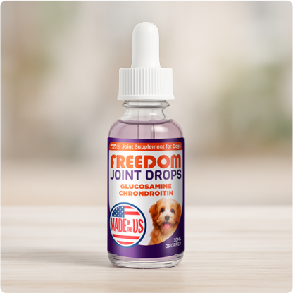 Bottle of dog joint supplement with a dropper and label featuring a dog and USA flag.