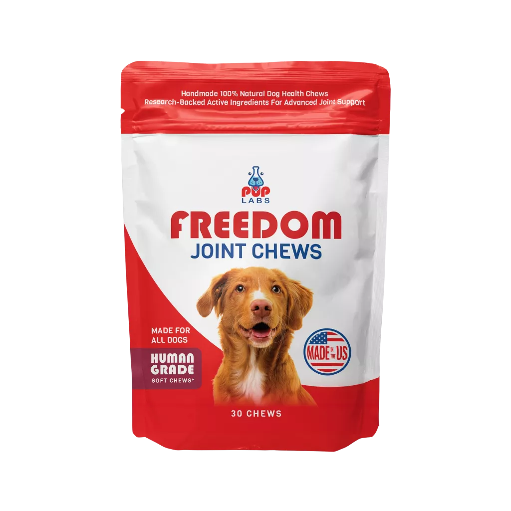 Packaging of Freedom Joint Chews for dogs with an image of a dog and product information.