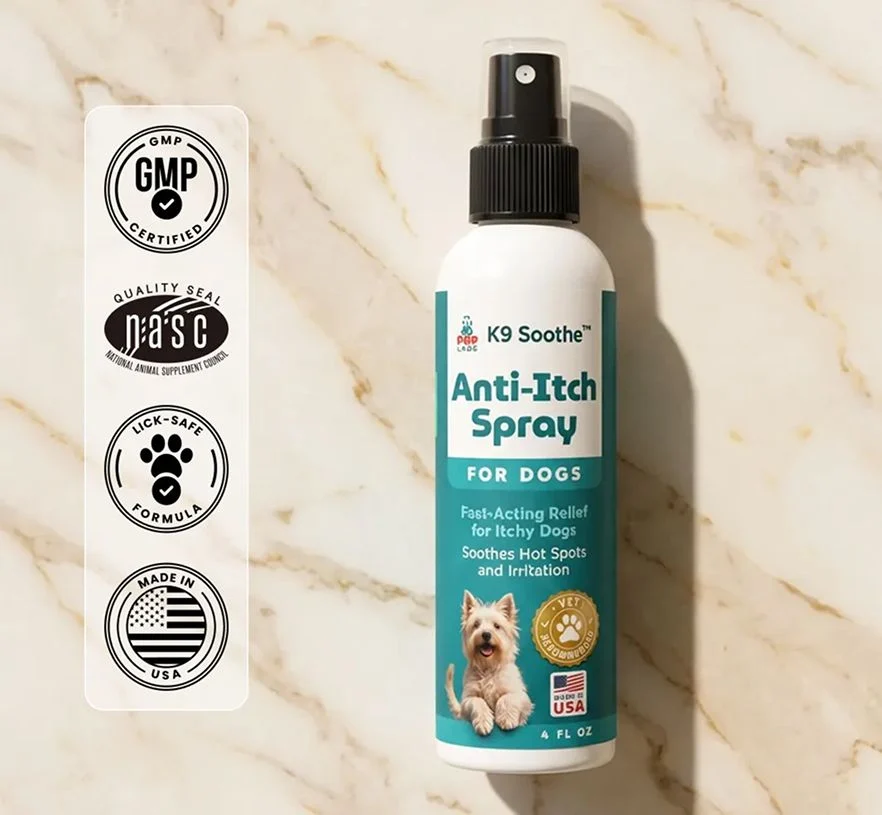 A bottle of K9 Soothe Anti-Itch Spray for Dogs next to its certification seals on a marble background.