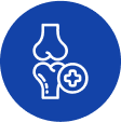 Icon of a knee joint with a medical cross on a blue circle.
