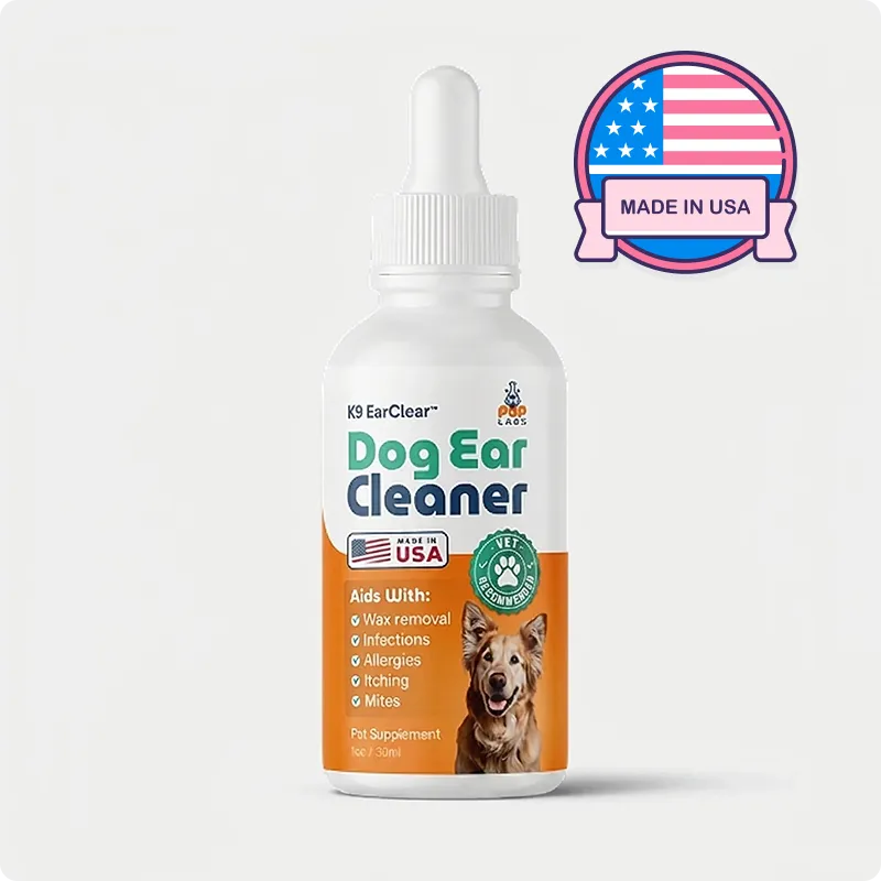 A white bottle of K9 EarClear Dog Ear Cleaner with an orange label, next to a 'Made in USA' emblem.