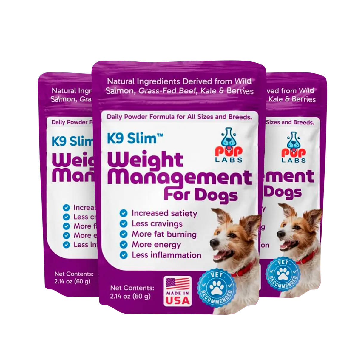 Three packages of dog weight management powder from PVP Labs.