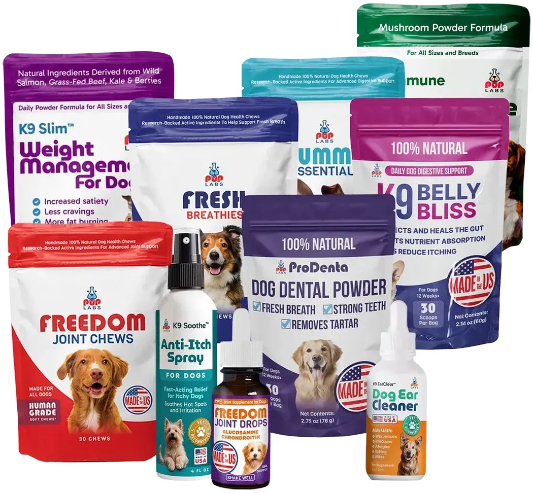 A collection of various dog supplements, including powders, chews, drops, and sprays from Pup Labs.