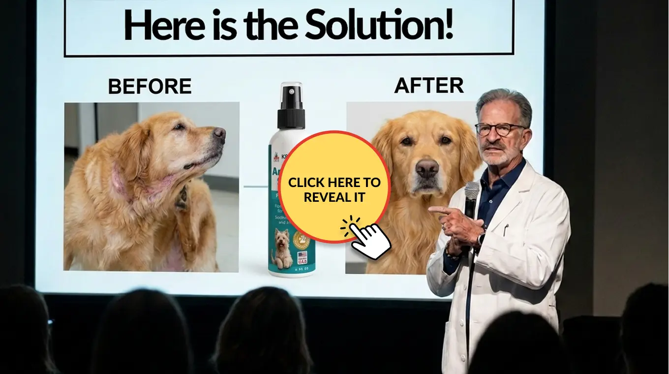 A man in a lab coat presents before-and-after photos of a dog to an audience, advertising a product.