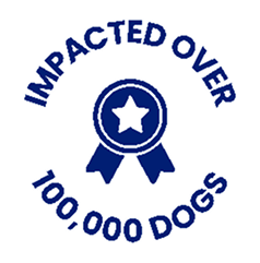Circular badge with text 'Impacted Over 100,000 Dogs' and a star ribbon icon.