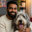 A smiling man with a beard has his arm around a large, shaggy grey and white dog.