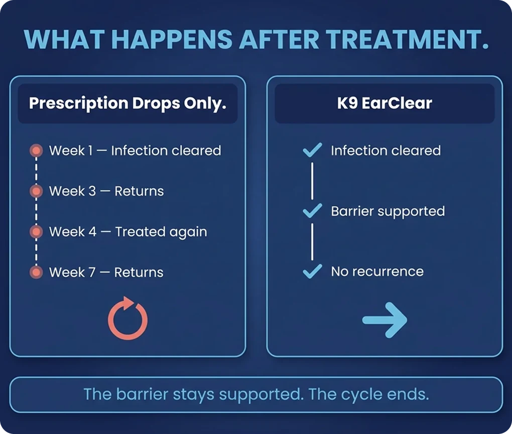 Infographic comparing two treatments: prescription drops with recurring infections versus K9 EarClear with no recurrence.