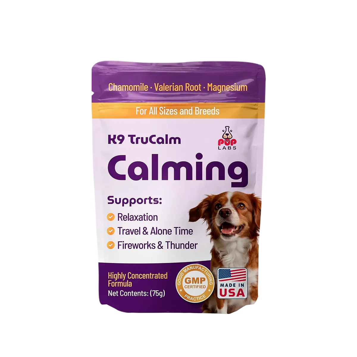 A pouch of K9 TruCalm Calming supplement for dogs, with a photo of a brown and white dog.