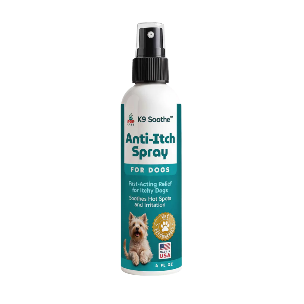 Spray bottle labeled 'Anti-Itch Spray for Dogs' with a small dog image.