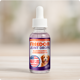 Bottle of joint supplement for dogs with a dropper cap.