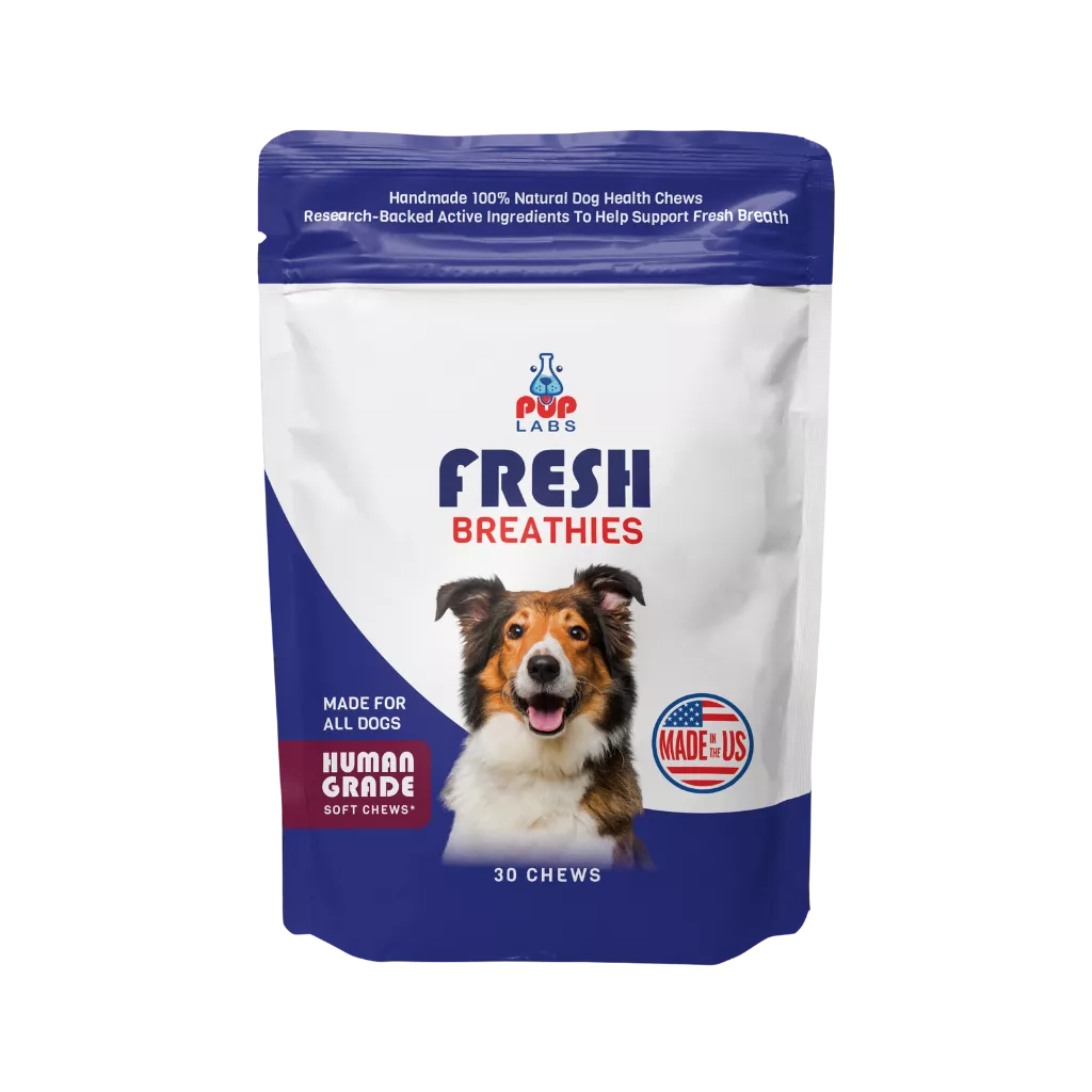 Packaging of dog chews with a happy dog image and product details.