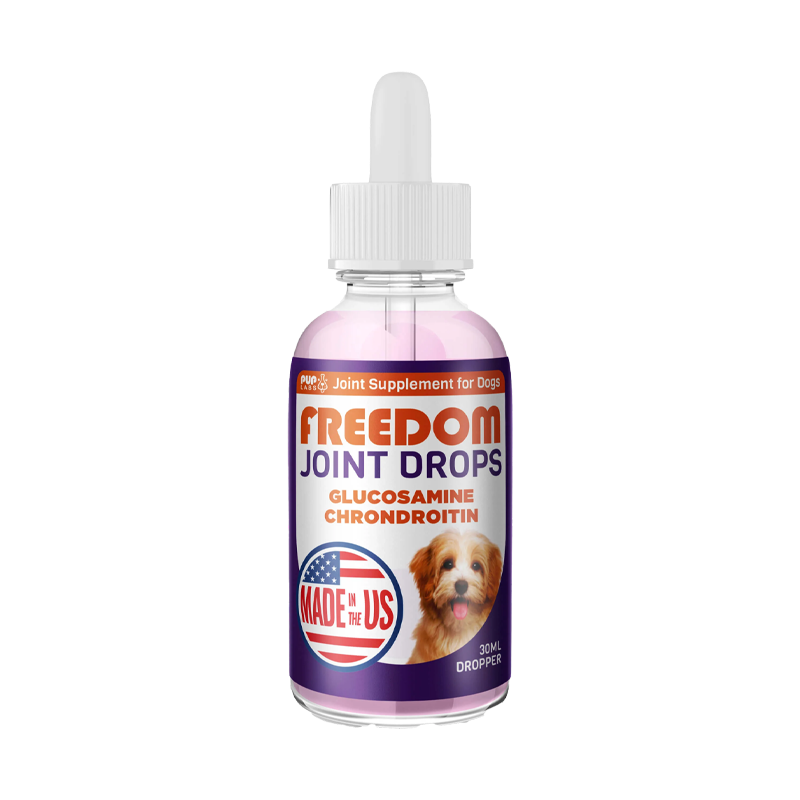 Bottle of Freedom Joint Drops for dogs with 180-day guarantee badge.