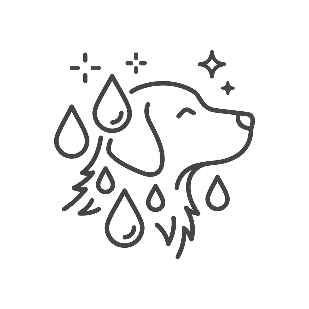 A line icon of a happy, clean dog surrounded by water drops and sparkles.